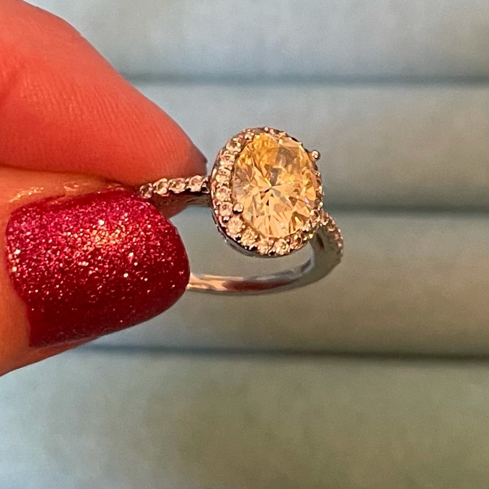 Canary Yellow Oval Faux Diamond Silver Ring